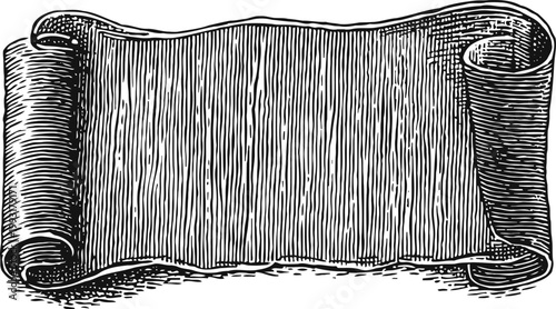 Vintage hand drawn ancient scroll banner with rolled edges and textured woodcut shading