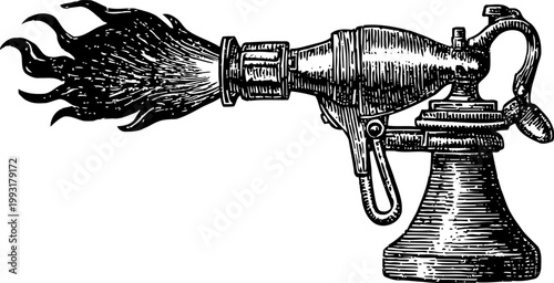 Old fashioned flamethrower illustration vintage retro weapon with fire blast, mechanical antique device for combat and destruction