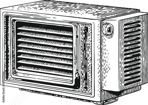 Vintage drawing of a wall mounted air conditioner unit with vents and control dial