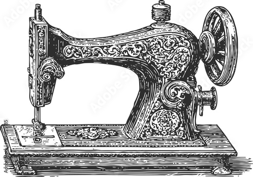 Vintage sewing machine illustration with intricate floral patterns and detailed craftsmanship