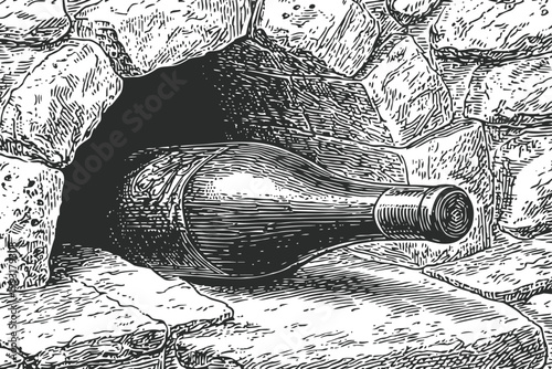 Wine bottle resting inside a stone cellar niche vintage hand drawn engraving illustration of wine storage in old cellar