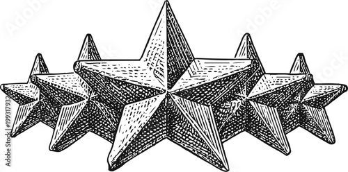five hand drawn three dimensional stars arranged in a row with detailed shading and texture