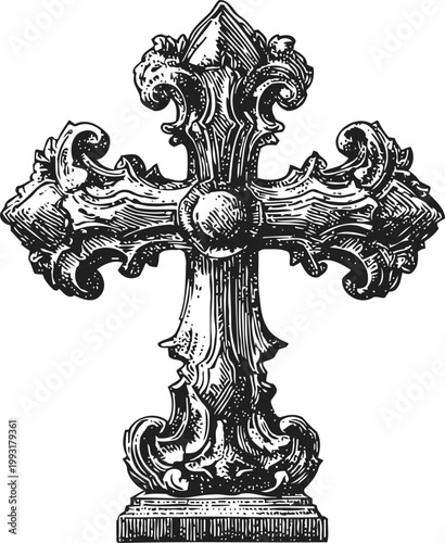 Ornate vintage cross with intricate baroque carvings and decorative floral patterns