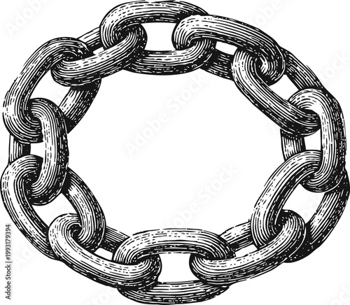 Vintage hand drawn iron chain loop with thick interlocked links, classic metal texture illustration