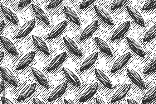 Diamond plate pattern with rough textured metal surface in black and white engraving