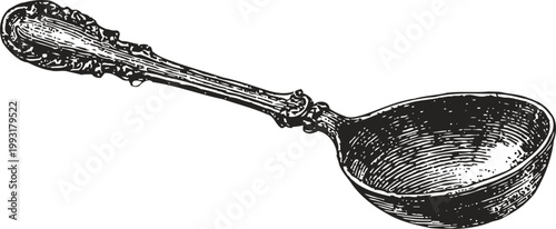Vintage ornate soup ladle with detailed floral handle and deep rounded bowl engraving
