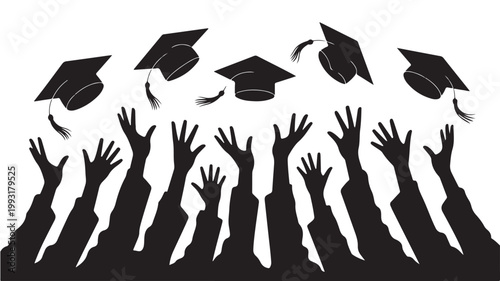 Graduation Caps Tossed in Air Silhouette for Educational Achievement and School Celebration Concepts