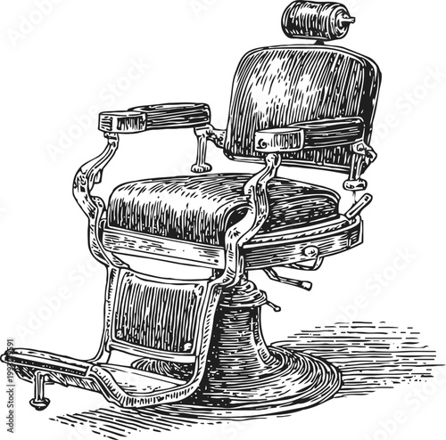 Vintage barber chair illustration with reclining back, cushioned seat, and metal footrest