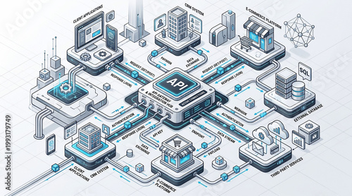 Isometric API concept showing data connections and digital ecosystem architecture.