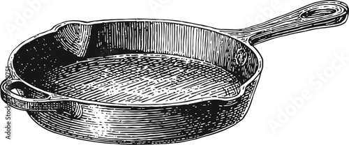 Vintage cast iron skillet illustration classic kitchen cookware with handle, engraved line art drawing