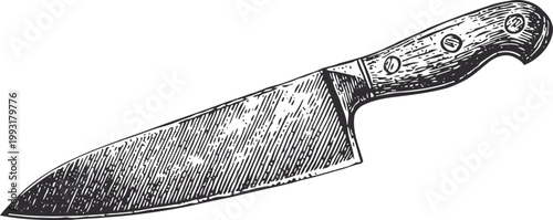 Vintage chef knife illustration with wooden handle detailed engraving drawing