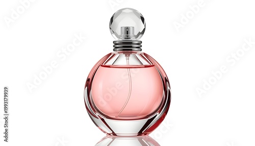 A luxurious perfume bottle with pink liquid and a crystal cap on a white background © Irfarasheedmasih