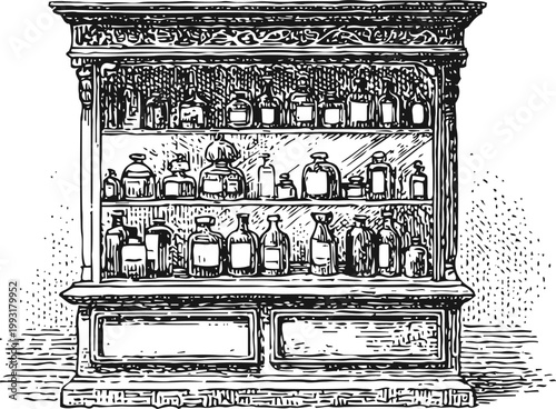 vintage apothecary cabinet filled with old medicinal bottles and jars, classic pharmacy display