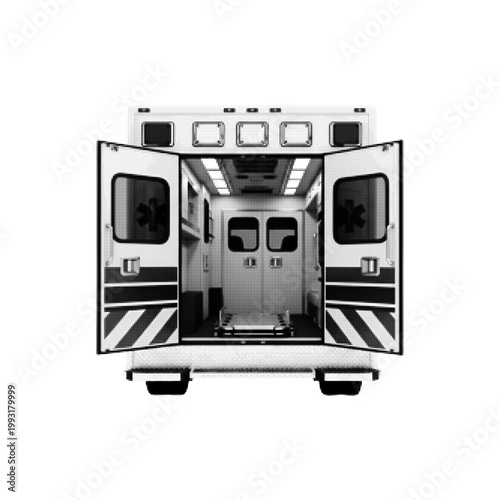 Black-and-white halftone illustration of the rear view of an ambulance with its back doors open. The interior shows a stretcher and medical equipment, with emergency lights positioned along the top. R