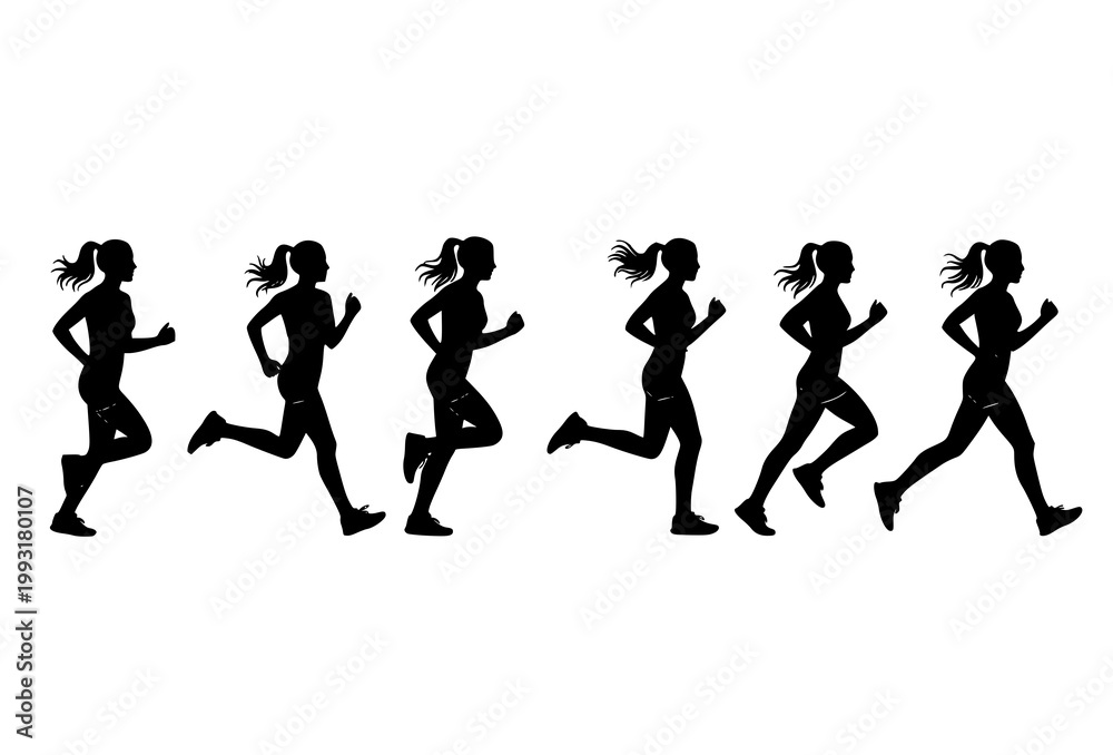 Obraz premium Female runner silhouette sequence showing running cycle phases athletic woman jogging fitness vector isolated on white
