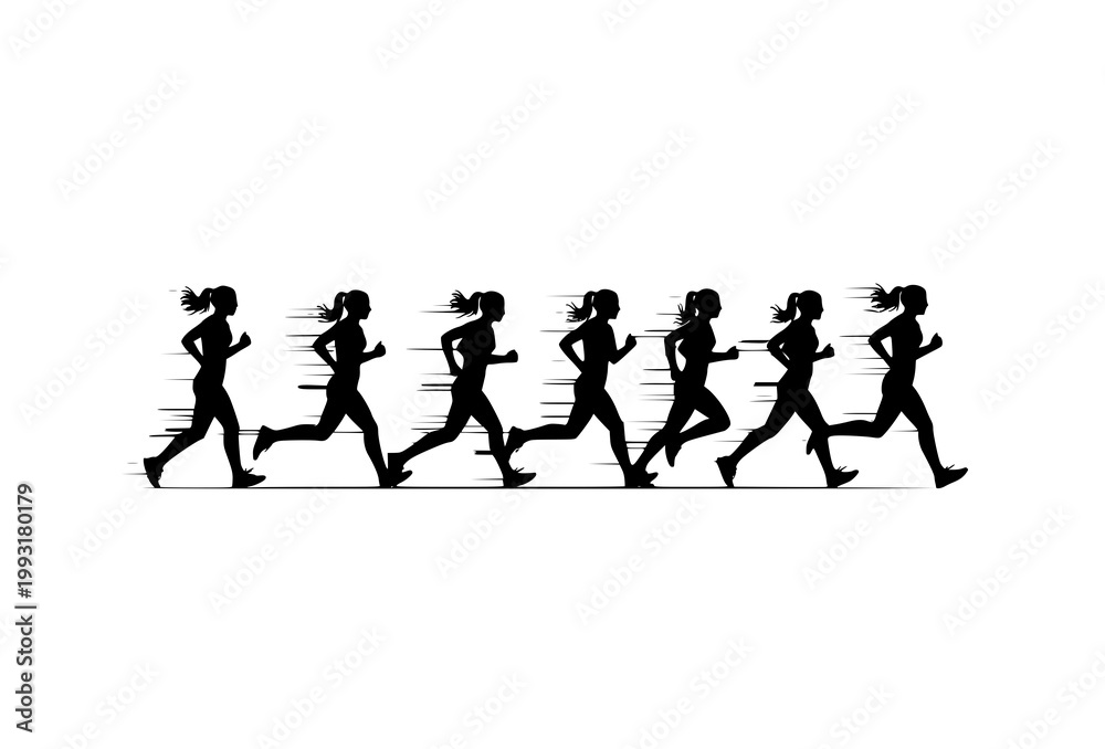 Obraz premium Dynamic female runner silhouette motion trail effect athletic woman running fitness concept vector isolated on white