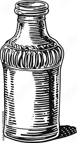 Vintage glass bottle with stopper, detailed hand drawn illustration