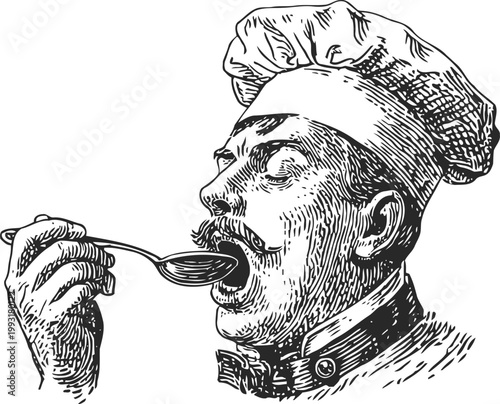 Chef tasting food with spoon vintage hand drawn cook character with hat and mustache enjoying flavor