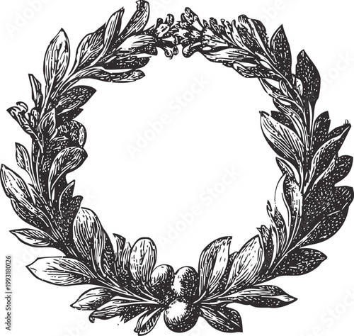 Vintage laurel wreath hand drawn illustration with oak acorns and detailed leaves circle frame