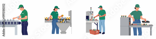 Flat illustrations of factory workers operating production lines and packaging various products on conveyor belts in an industrial setting.