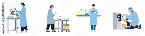 Set of food scientists and technicians in protective gear conducting experiments, testing food quality, and managing samples in a professional laboratory environment.