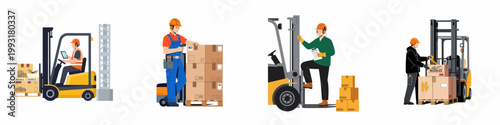 Set of illustrations showing professional warehouse workers operating forklifts, scanning inventory, and managing cardboard boxes in a logistics center.