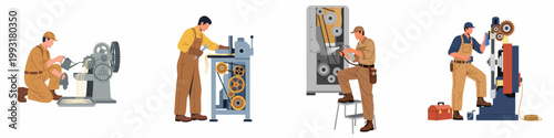 Set of four flat illustrations depicting industrial workers and technicians performing maintenance, oiling, and repair tasks on factory machinery and equipment.