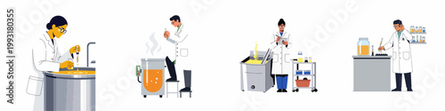 Vector illustrations of diverse laboratory workers performing quality control, experiments, and industrial research in a modern scientific facility.
