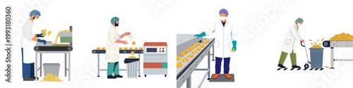 Food factory production line illustration set showing workers handling instant noodles on conveyor belts and managing manufacturing processes.