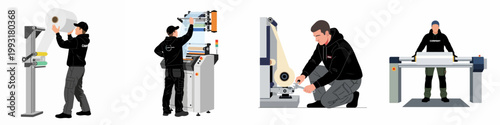 Flat illustration set of factory workers operating industrial machinery, loading rolls of material, and performing maintenance tasks in a warehouse setting.