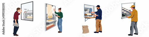 Flat illustration set of industrial bakery workers monitoring automated machinery, performing quality control, and maintaining production lines in a modern food factory.