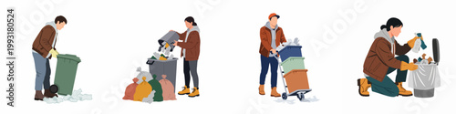 Set of flat illustrations showing people recycling, sorting garbage, and disposing of waste in bins and bags on a white background.