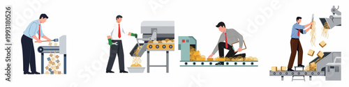 Illustration set of businessmen working in an automated noodle or pasta production factory, managing machinery, conveyor belts, and quality control.