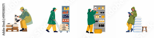 Set of Warehouse Workers Handling Ingredient Sacks, Stacking Goods, and Managing Inventory in a Storage Facility Illustration