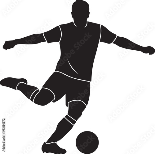 A dynamic soccer player executing a powerful kick to strike the ball during a game. silhouette vector icon