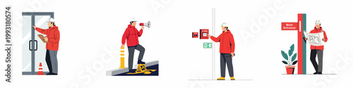 Illustrations of a safety inspector performing building checks, managing hazards, activating fire alarms, and reviewing blueprints in a professional setting.