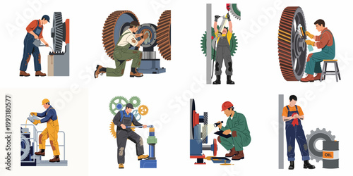 Set of illustrations depicting industrial workers performing maintenance, repair, lubrication, and inspection on large mechanical gears and machinery in a factory setting.
