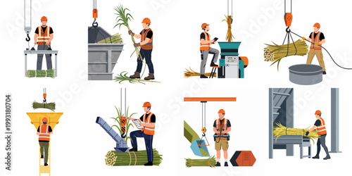 Illustrations of Industrial Workers in a Sugarcane Processing Plant Operating Machinery and Handling Bundles for Production and Quality Control