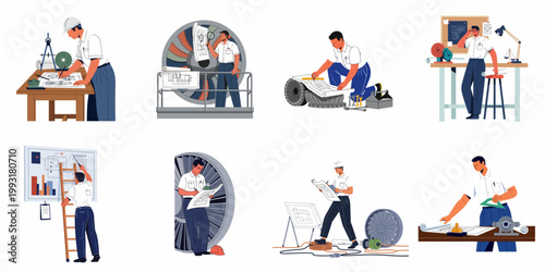 Set of Illustrations Showing Mechanical Engineers and Designers Working on Technical Blueprints, Drafting Projects, and Industrial Machinery in Various Professional Settings.