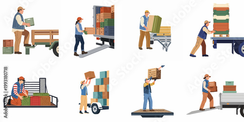 Vector illustration set of workers loading and unloading boxes and crates into various trucks and trailers for logistics, delivery, and agricultural transport.