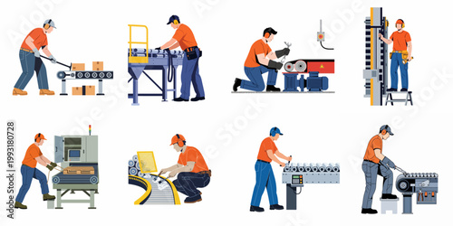 Collection of industrial workers in safety gear performing various tasks like machinery maintenance and operating conveyor belts in a manufacturing factory setting.