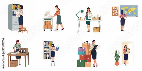 Set of flat illustrations showing a professional woman managing various office tasks including export documentation, filing, logistics, and administrative duties.