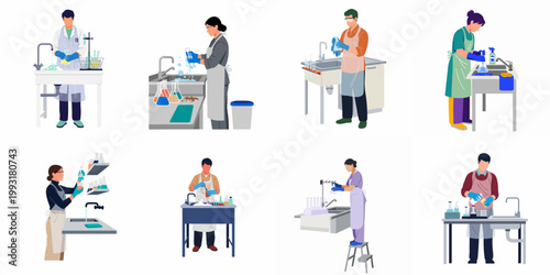 Collection of flat vector illustrations depicting diverse lab technicians and scientists washing glassware in laboratory sinks with soapy water.