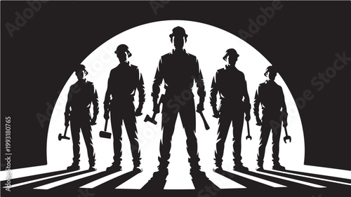 Industrial Workers Group Silhouette with Tools, Construction Teamwork and Skilled Labor Workforce Concept