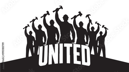Labor Union Workers Silhouette Holding Hammers, Collective Power and Solidarity Concept for Industrial Workforce Unity