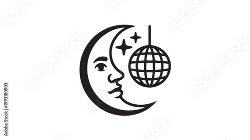 Disco Ball Moon Face Logo Design, Minimalist Nightlife Branding Icon for Music Events and Party Identity