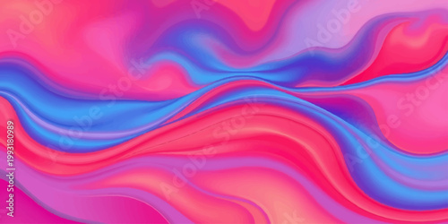 An abstract pink background features soft flowing waves of silk and satin texture with a purple and blue liquid motion design for a wavy light wallpaper backdrop