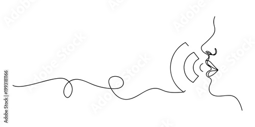 Continuous one line of a person speaking with expanding speech lines, symbolizing communication and messaging, style hand drawn vector illustration.