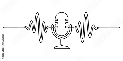 Continuous one line of a podcast icon with sound waves, representing communication media, style hand drawn vector illustration.