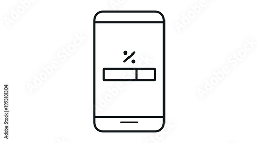 Smartphone software update and loading progress icon: phone with percentage bar on screen, minimalist black line vector illustration.